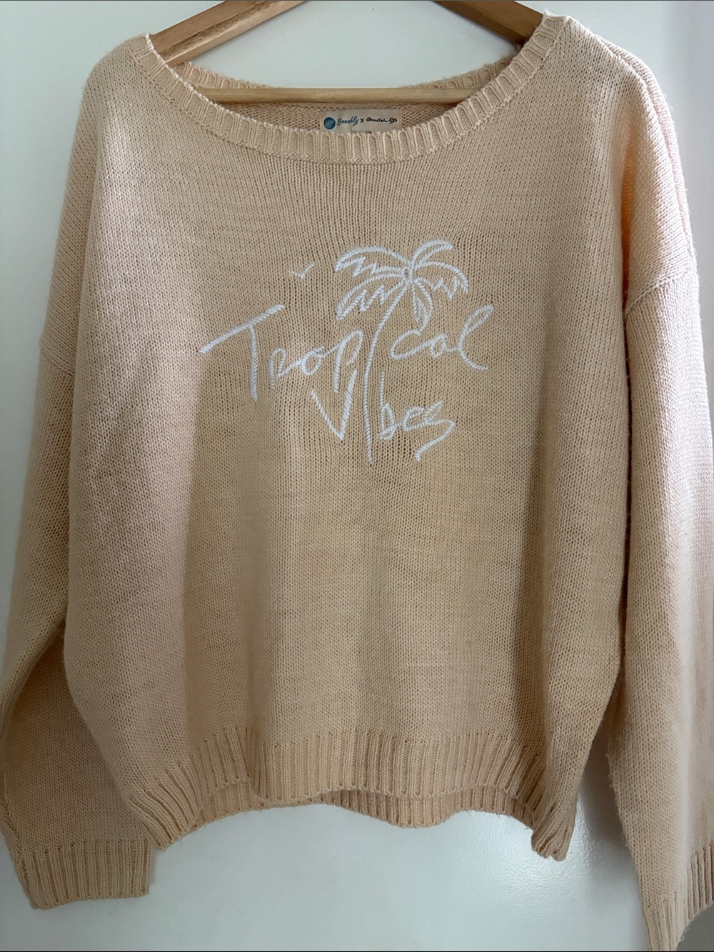 Beige Crewneck Sweater with White Palm Graphic